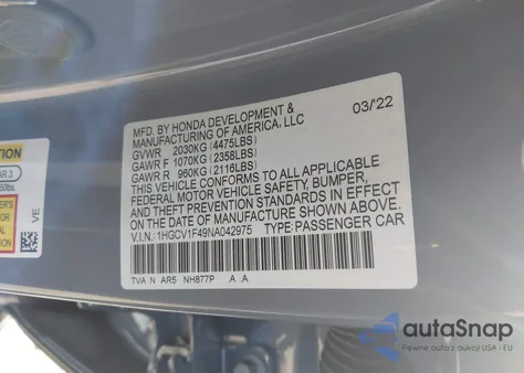 2022 Honda Accord Sport Se z USA, uszkodzony, nr VIN 1HGCV1F49NA042975